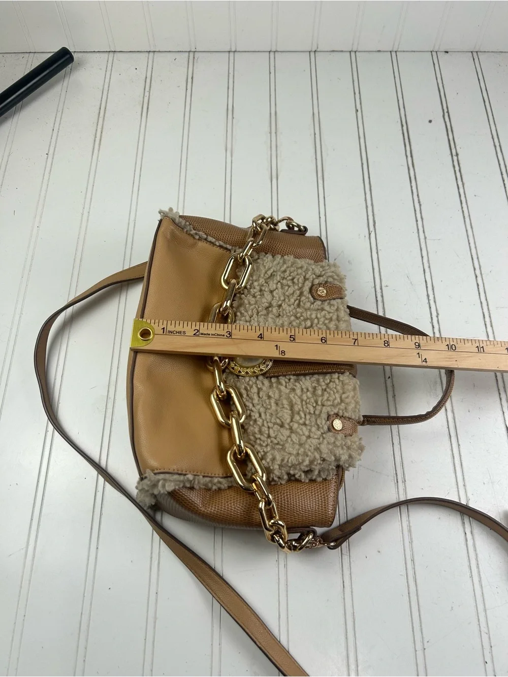 Anne Klein Vintage Y2K Mixed Media Sherpa Crossbody Satchel Brown Pearl Accent - Picture 14 of 15